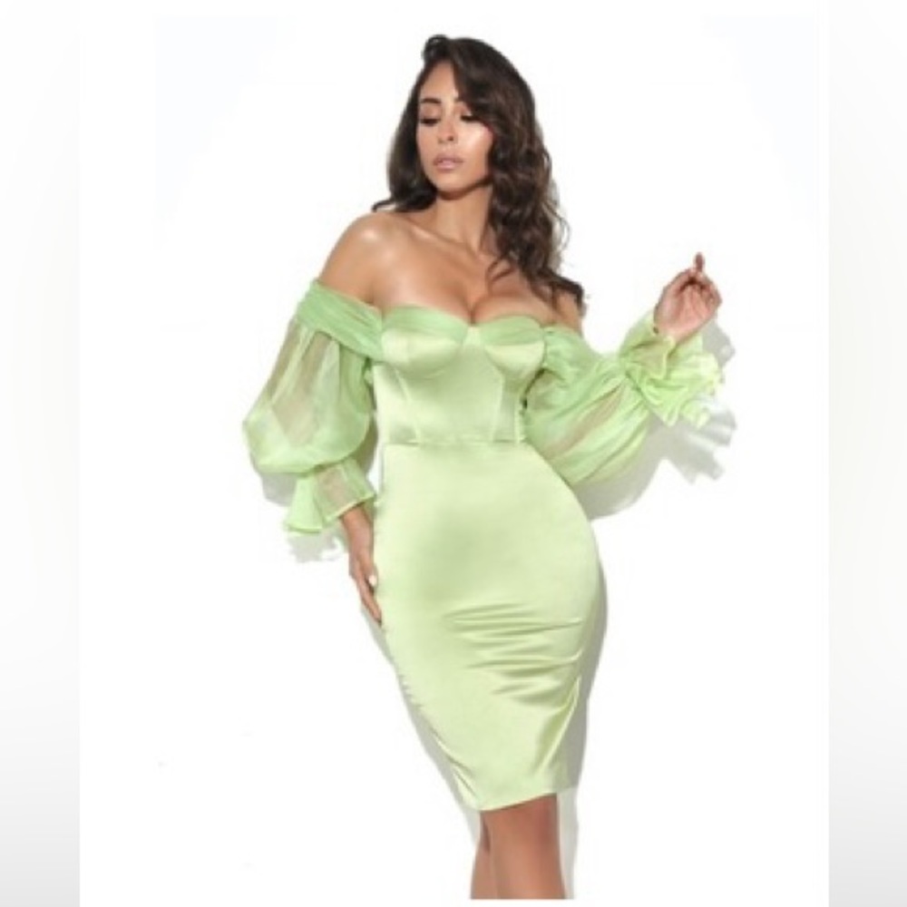 Lydia Lime Satin Off Shoulder Puff Sleeve Dress